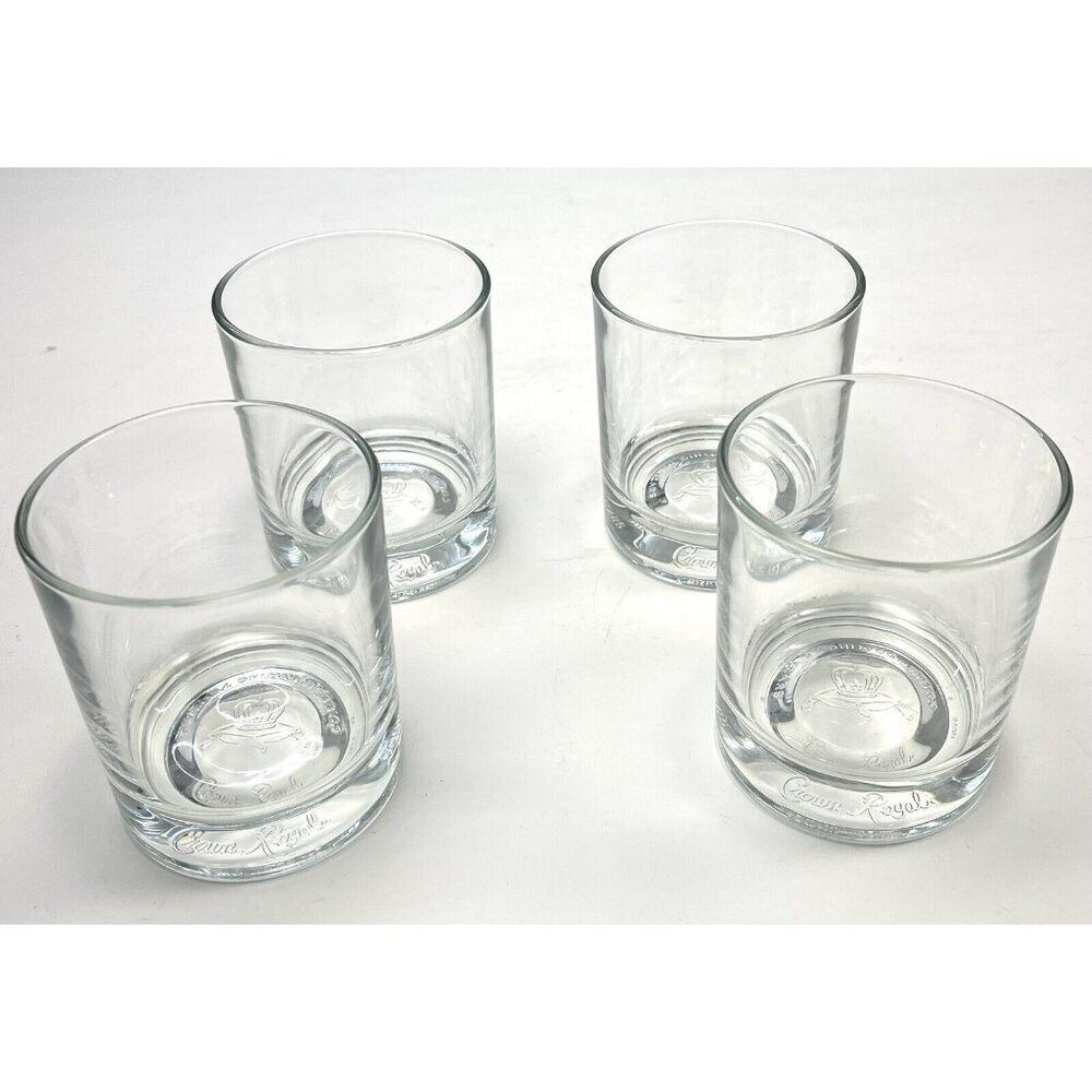 4x CROWN ROYAL 3.5" Clear Branded Lowball Rocks Whisky GLASS Barware Italy EUC